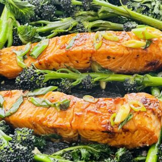 Maple-glazed salmon with sprouting broccoli