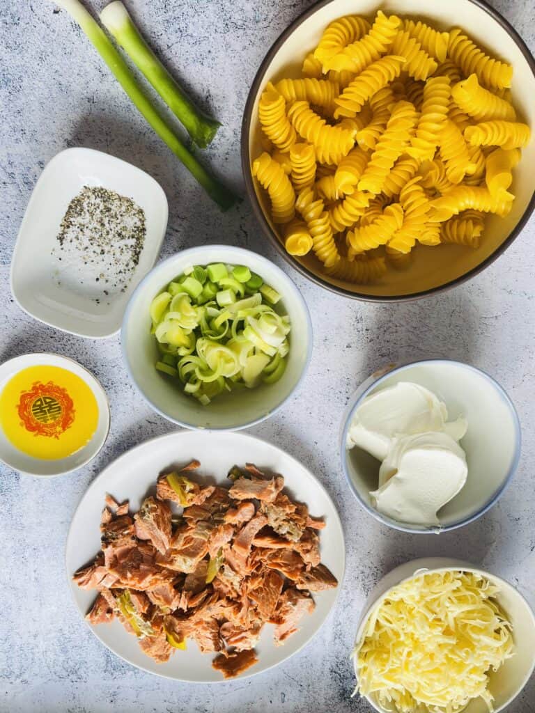 Ingredients for cheesy leek and salmon pasta