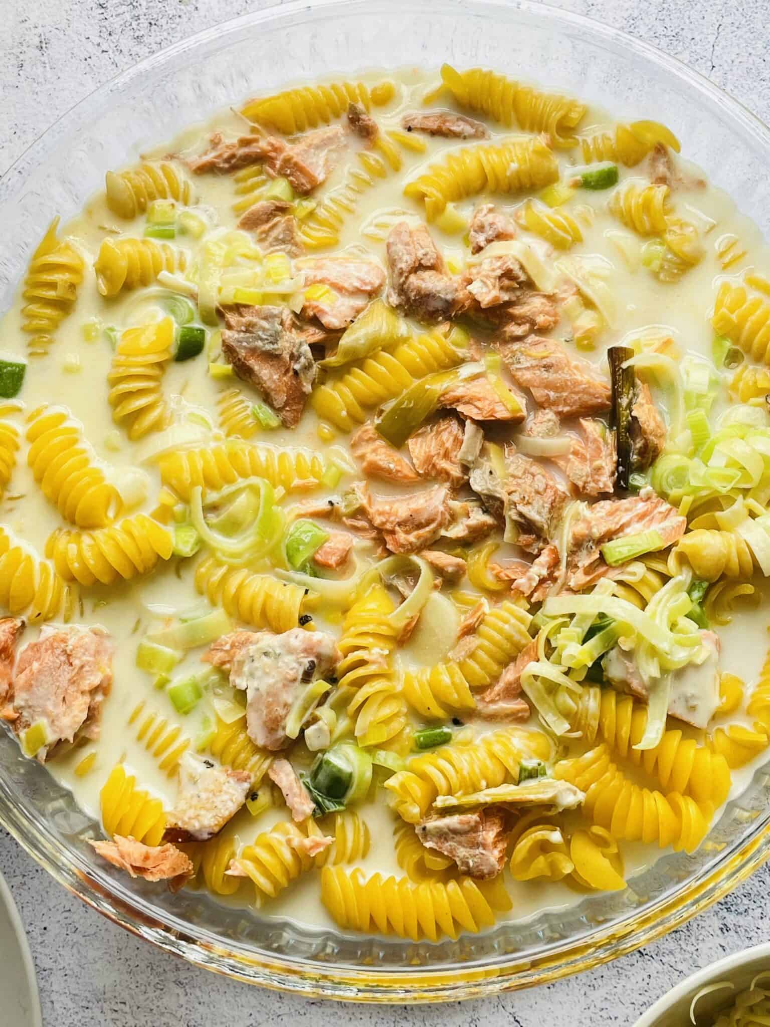 Cheesy Leek and Salmon Pasta Bake - Half a Coconut