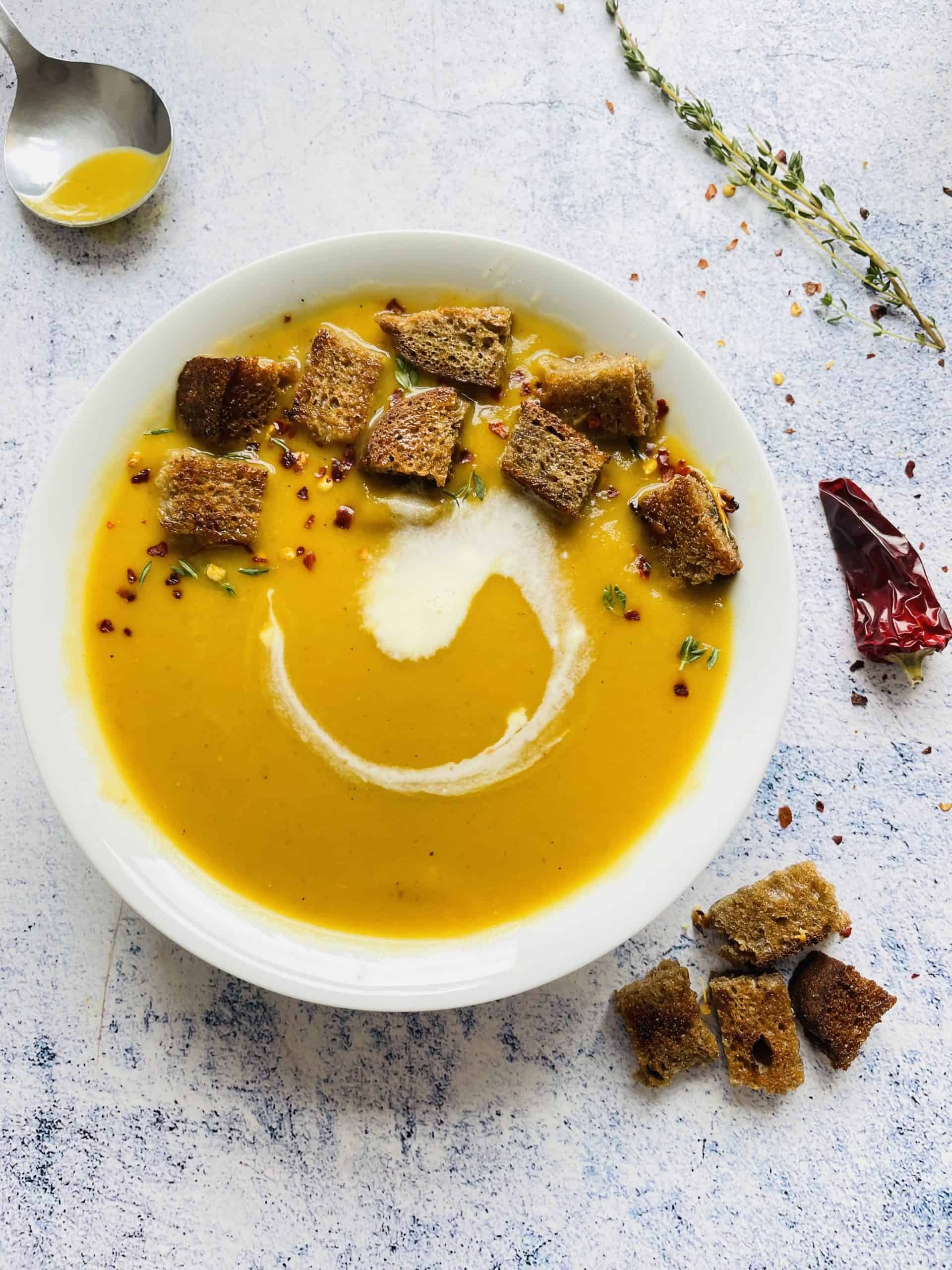 Roasted Butternut Squash Soup with Sourdough Croutons